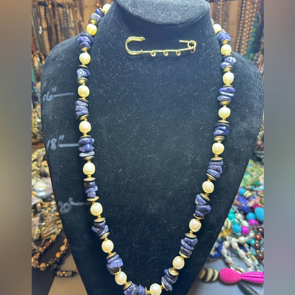 Vintage Carol Dauplaise Faux Pearl and Sodalite Necklace